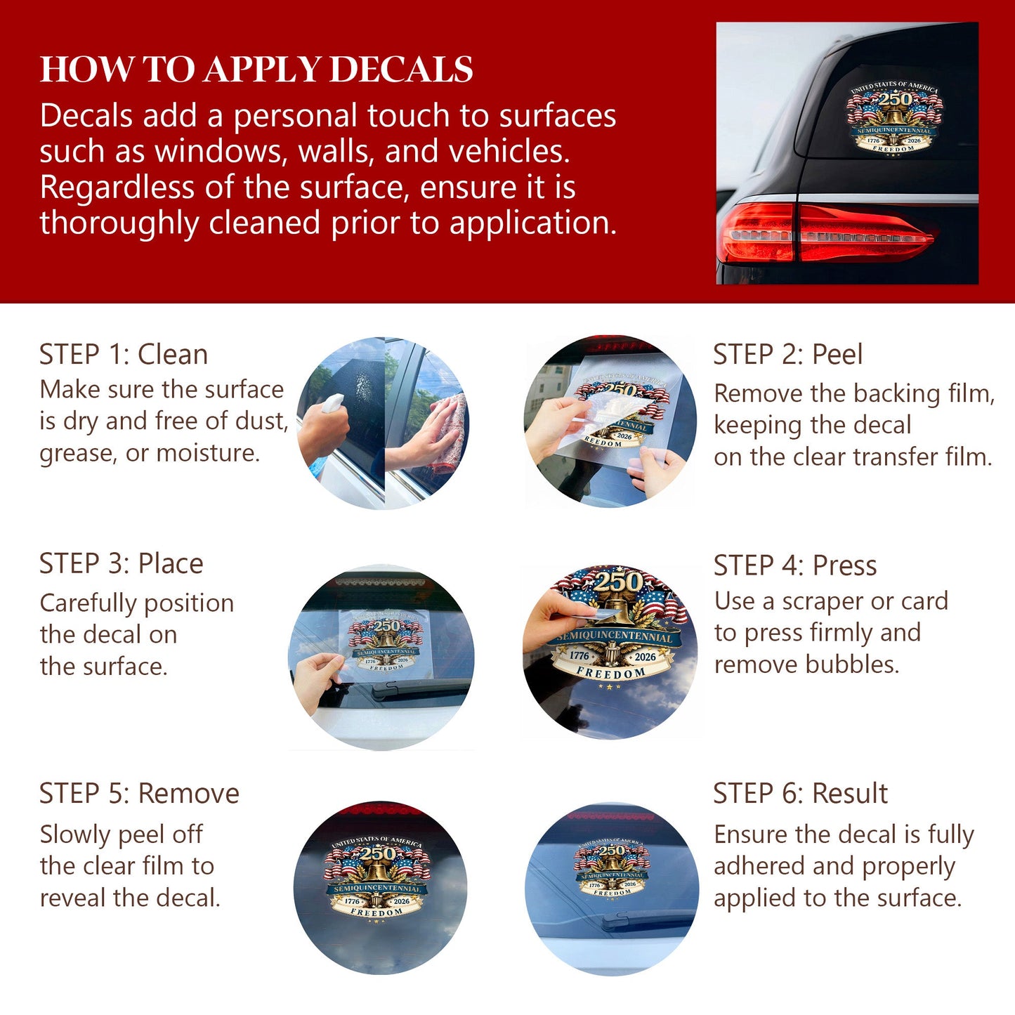 250th Anniversary Decal, United States Of America Semiquincentennial Freedom Car Sticker