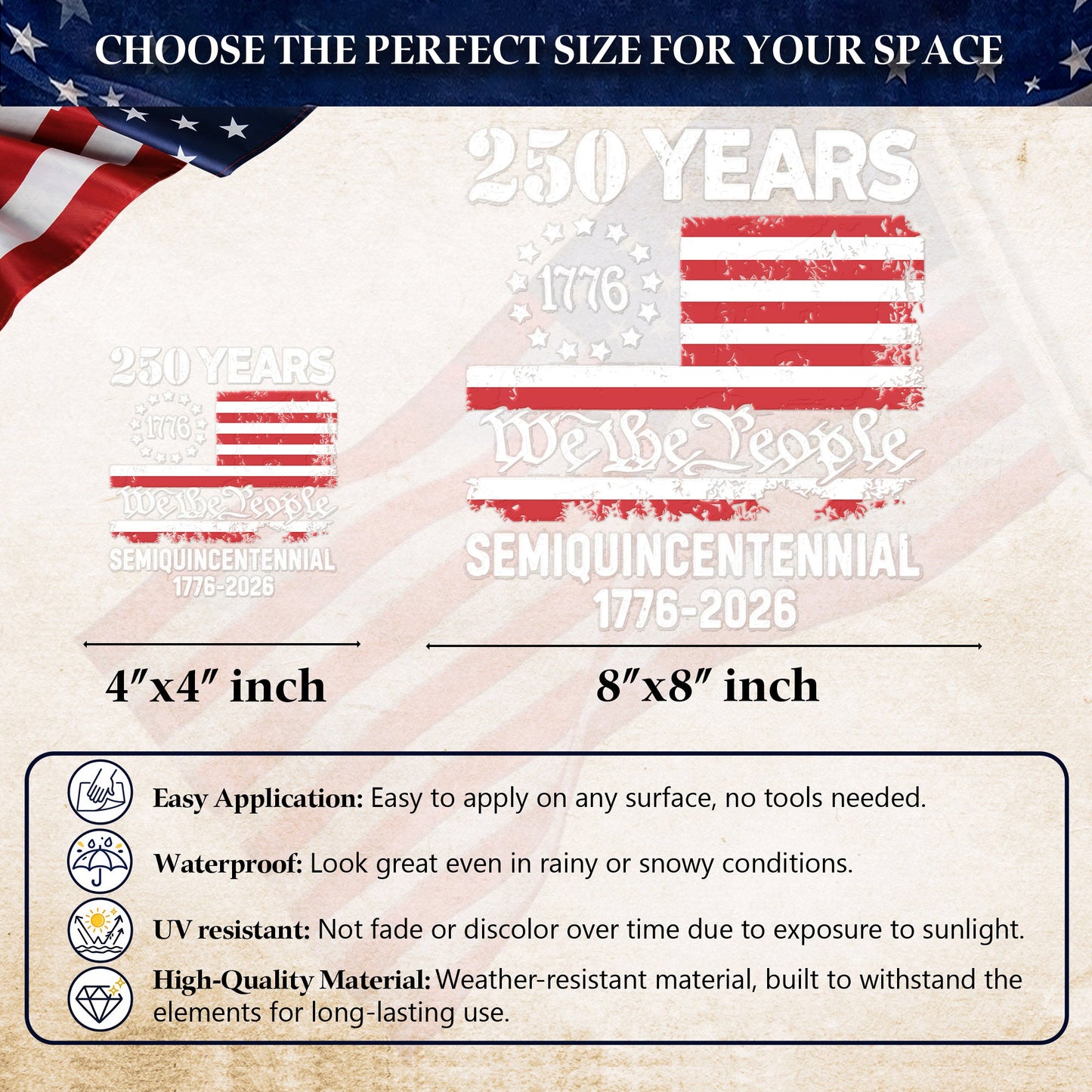 Semiquincentennial 250th Anniversary Decal USA Flag We the People 1776-2026