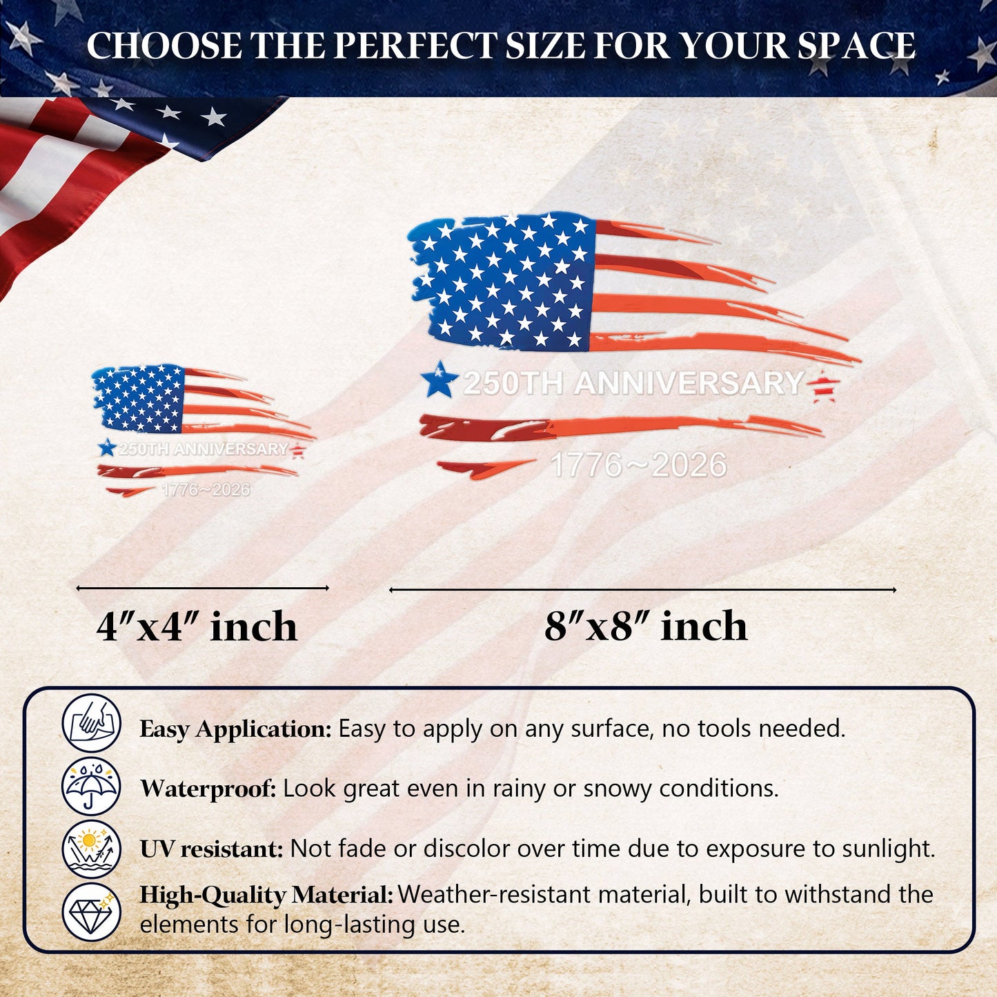250 Years of America Flag Decal – 1776-2026 Semi-Centennial Car Window Sticker