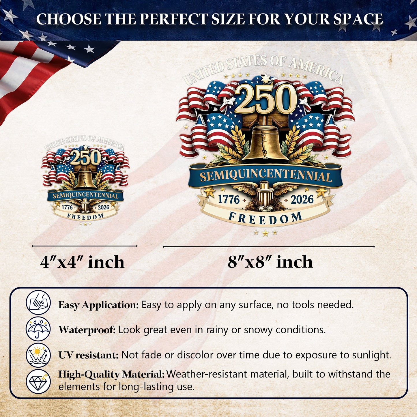 250th Anniversary Decal, United States Of America Semiquincentennial Freedom Car Sticker