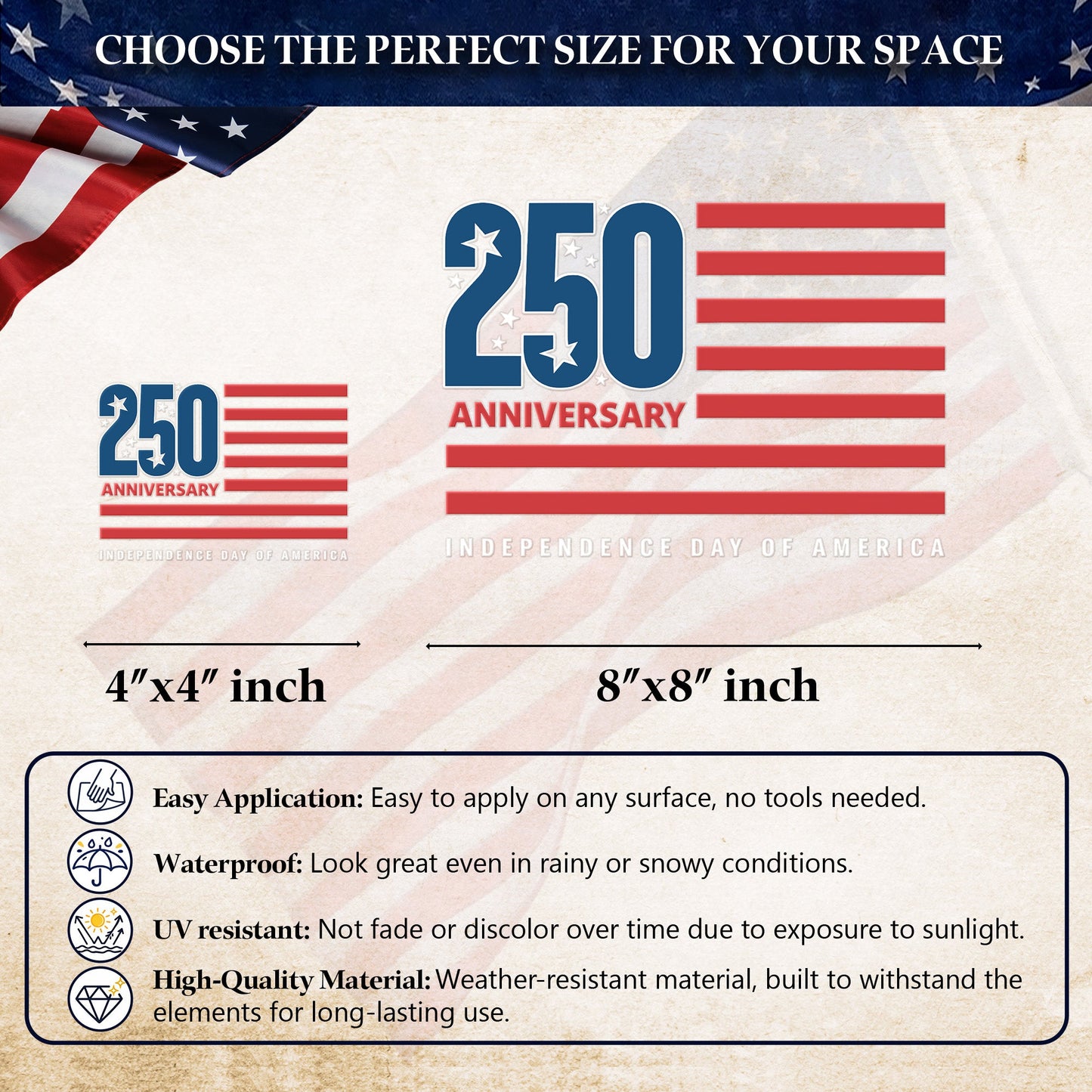 250th Anniversary Independence Day Decal American Flag Patriotic USA Car Sticker