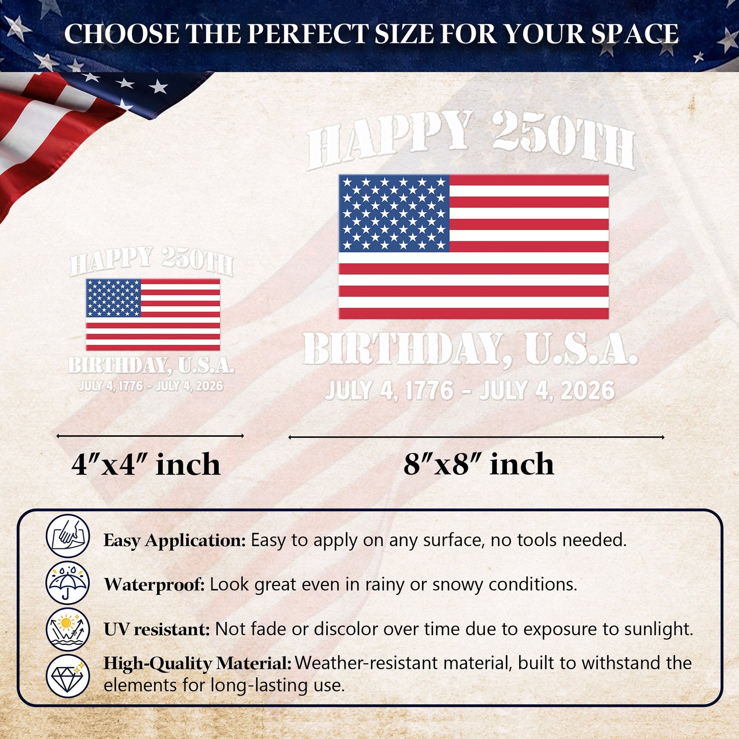 USA 250th Anniversary Decal – Happy Birthday American Flag Sticker for Car