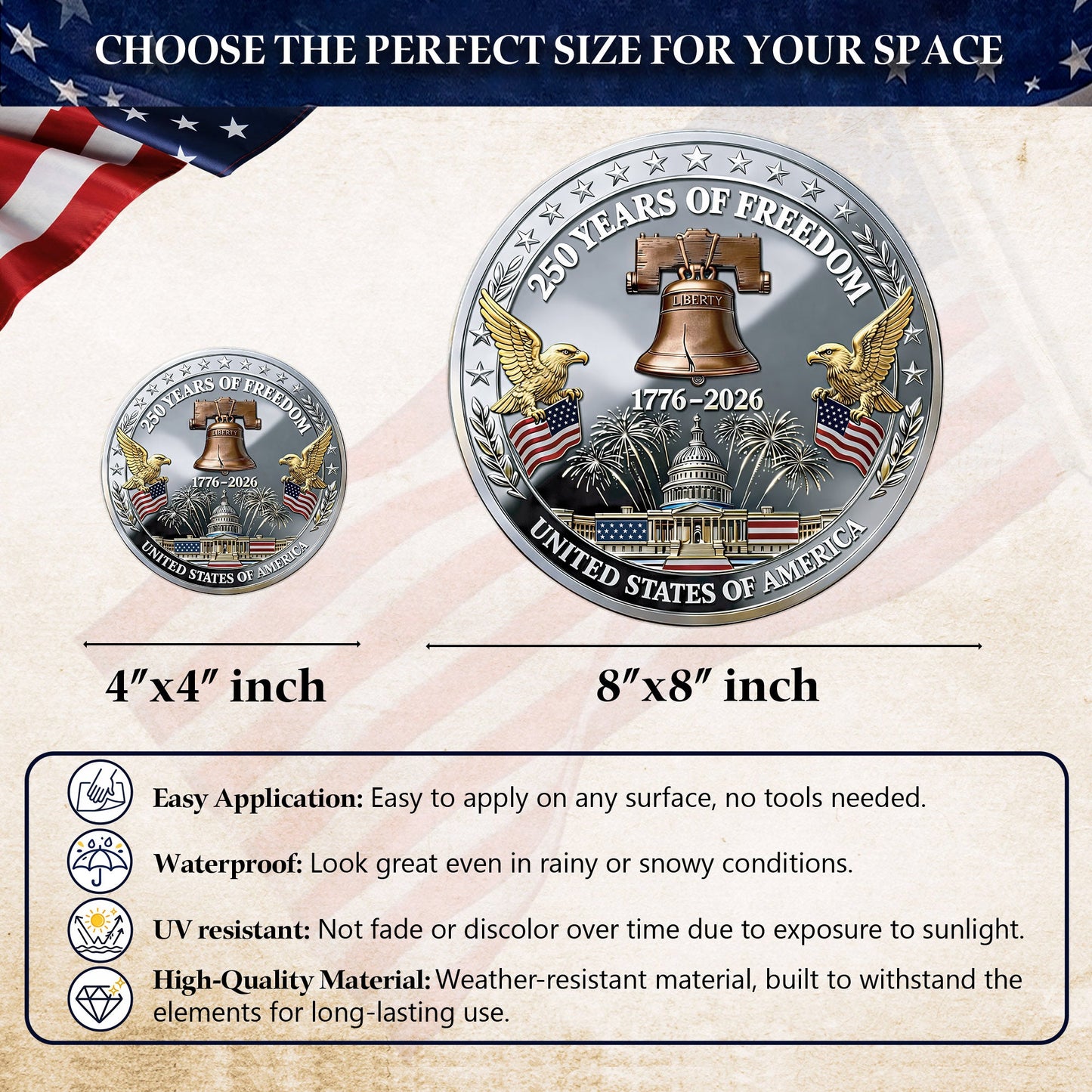 USA 250 Years of Freedom Decal – Capitol Building, Eagle, and Liberty Bell 1776-2026