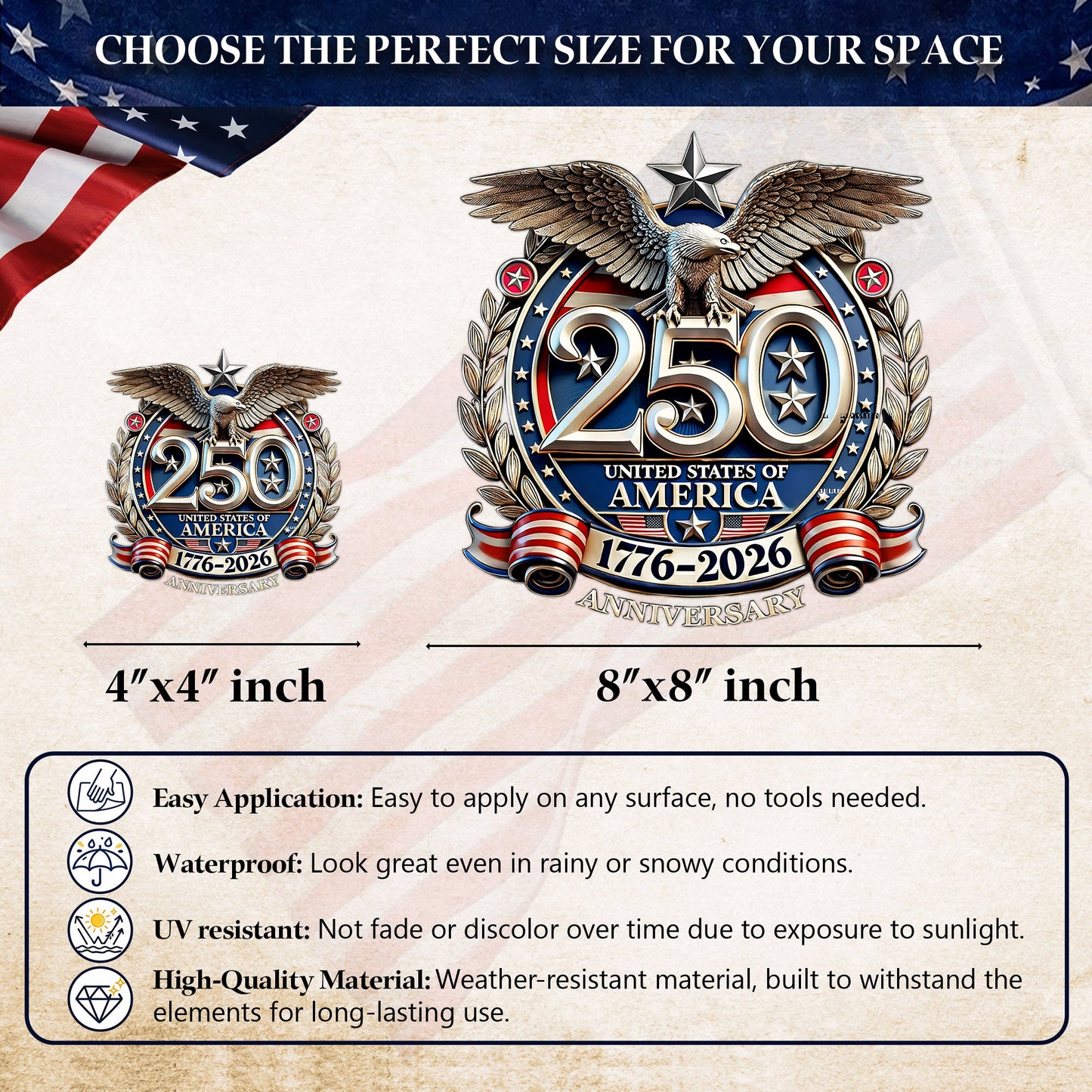 250th Anniversary Decal, United States Of America Eagle Patriotic Car Sticker